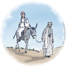 Josef führt einen Esel. Auf dem Esel sitzt die schwangere Maria.