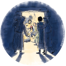 Die heiligen drei Könige blicken in den Stall. Josef steht hinter Maria und blickt ihr über die Schulter auf das in der Krippe liegende Jesuskind. Maria kniet neben Ihrem Kind.